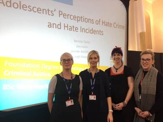 Pictured left to right: Lecturers Kim Hollin and Bernice Taylor and former  Runshaw College students  Jennifer  McGillivray and Leigh Massam at the hate crime conference at Chorley Town Hall