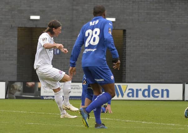AFC Fylde's Joe Cardle shoots at the Chesterfield goal     Picture: Steve McLellan