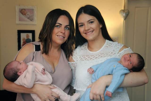 Sisters Natalie and Lyndsay Ashley from Blackpool have both given birth on the same day, October 11. Natalie (left) with Isla and Lyndsay with Jack