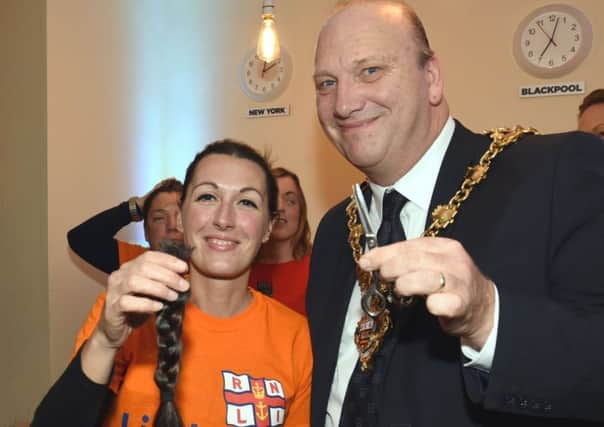Sophie Whitehouse charity head shave for Blackpool RNLI
Pics by Brian Jones
Sophie with Mayor of Blackpool Gary Coleman