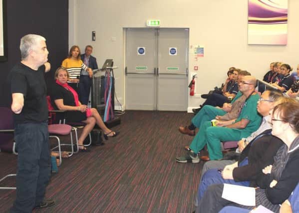 Sepsis survivor Tom Ray gave a talk to staff at Blackpool Victoria Hospital