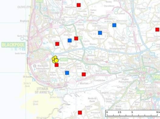 Yellow circles show seismicity detected at Preston New Road. Red and blue squares show seismic stations installed by BGS and Liverpool University Liverpool University Monitoring Stations.