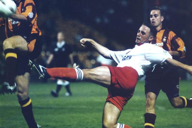 Andy Gouck, who netted the first goal in the 3-0 win over Bristol Rovers in  1995