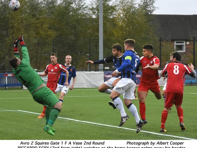 This header by Gate striker Riccardo Egidi is saved by the Avro keeper