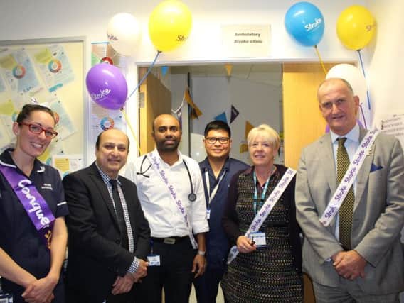 Prof Mark ODonnell, Medical Director at Blackpool Teaching Hospitals NHS Foundation, far right and Elaine Day, Senior Programme Lead for Stroke, Healthier Lancashire and South Cumbria ICS with staff at the opening of the new ambulatory stroke clinic at Blackpool Victoria Hospital