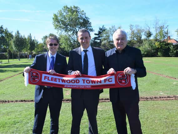 Coun Paul Galley, Fleetwood Town FC chairman Andy Pilley and Coun Tony Williams at East Pines Park where Fleetwood Town grounds staff will help maintain the pitches