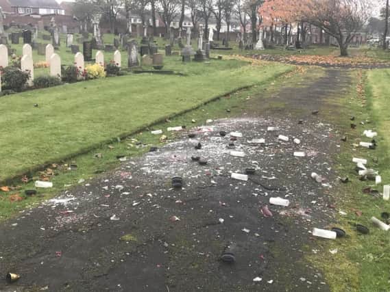 The damage done in Layton Cemetery on Bonfire Night