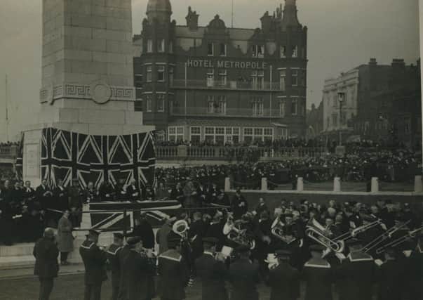 The unveiling of Blackpools war memorial, honouring the First World War fallen, dated November 13, 1923. The lifeboat band is shown in the foreground