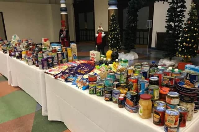 The food collection by Hayley Kay and her friends for the Blackpool Food Bank. They held the collection at the Winter Gardens and filled 10 tables