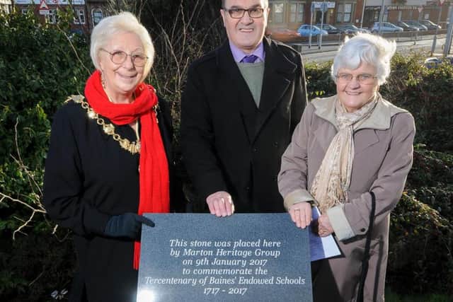 Pictured is mayor Kath Rowson, Philip Walsh chairman of Marton Heritage Group and trustee Glenis Taylor at the unveiling of the stone in 2017.
