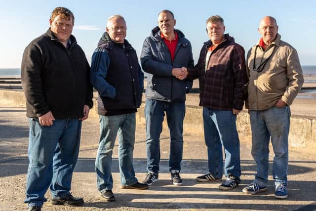 From left: Darren Moore, Kenny Hargreaves and Frans Schaap are reunited with the men they rescued - Mark Thackery and Geoff Porter. Picture: Alan Duggan