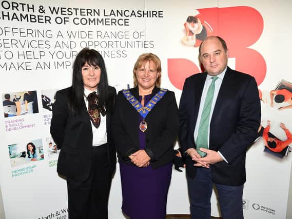 Left to right, North and Western Lancashire Chamber of Commmerce CEO Babs Murphy, Chamber President Dawn Cheetham and Ben Wallace MP For Wyre and Preston North, pictured at the AGM