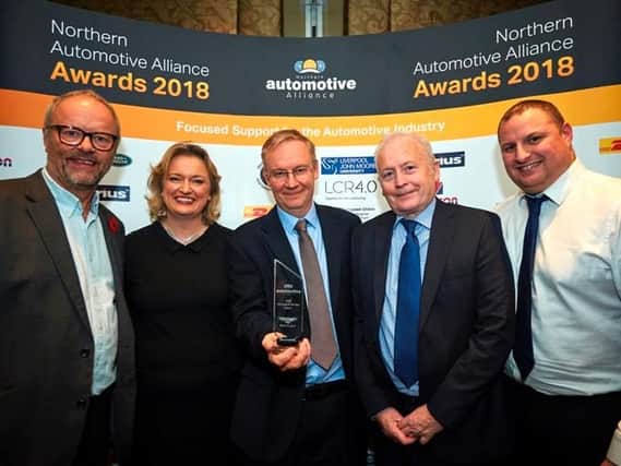 Force Technology of Blackpool won the Company of the Year Award, the Logistics Award and the International Trade Award at the 2018 Northern Automotive Alliance Awards.
Managing director Steve Williams, centre, receives the award