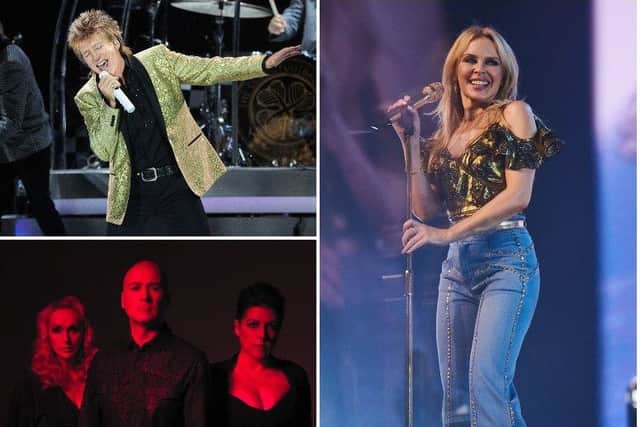 (Top left) Rod Stewart (bottom left) The Human League and (right) Kylie Minogue