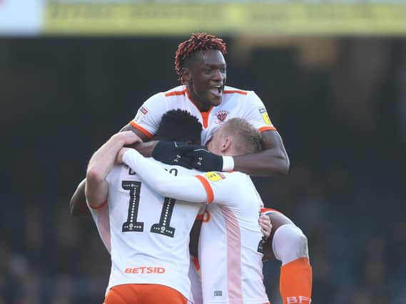 Armand Gnanduillet celebrates Blackpool's opening goal in the victory at Southen