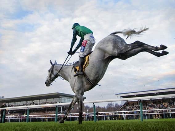 Bristol  De Mai's spectacular leap at the last fence ensures victory in the Betfair Chase for the second year running at Haydock Park   Picture: BRIAN CLARK