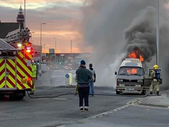 The camper van ablaze in Talbot Road, Blackpool. Photo supplied by Kevin
