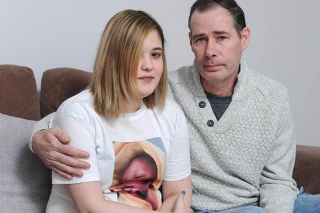 Georgia Higginbottom is raising awareness of meningitis after her six-week-old baby, Oscar Nally, died from the disease.  She is pictured with her dad Stephen Dance.