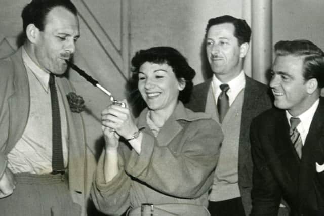 Rehearsals for Alfred Black's show " Happy Holiday " at the Winter Gardens Blackpool in 1954. from left, Terry-Thomas, Stella Moray, Alfred Black, David Whitfield and George Black.  (((((((((Published EG 25/06/1954))))))))