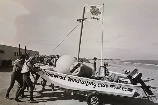 Fleetwood Windsurfing Club rescue boat, being launched in August 1985