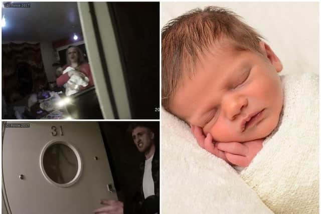 (Top left) Bodycam footage showing Roxanne Davis holding baby Stanley after police was called to her property. (Bottom left) Bodycam footage showing Samuel Davies after police was called to his property. (Right) Baby Stanley Davis. Photo credit: Hampshire Police/PA Wire