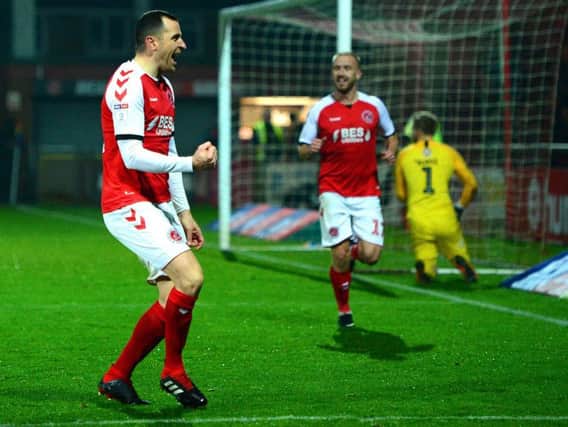 Dean Marney celebrates his first Fleetwood goal against Coventry