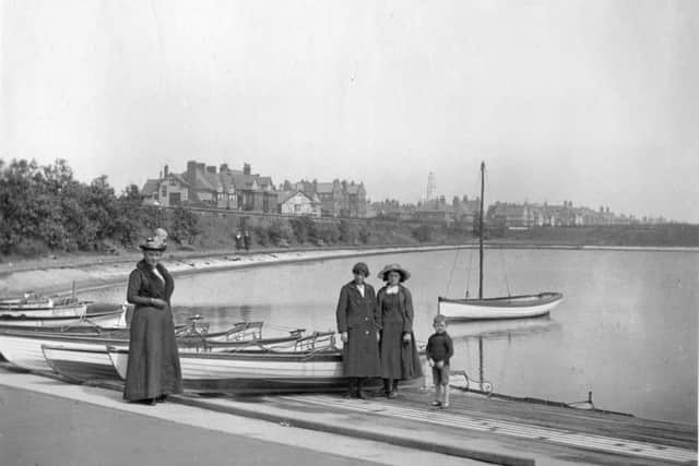 The landing stage at Fairhaven Lake, just before the First World War, with the tower of the new white church in the distance. The houses on the left are Ribblehurst/Ben Atholl, Stanner Bank/Lakeside and High Legh, with the Fairhaven Hotel in the centre of the picture.
From the book The Making of Fairhaven, by Brian Turner