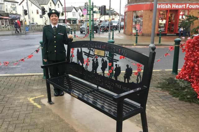 Sharon Riley-Clarke with the new bench to commemorate the centenary of the end of the First World War