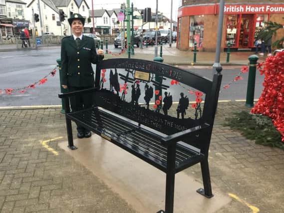 Sharon Riley-Clarke with the new bench to commemorate the centenary of the end of the First World War