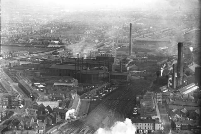 Aerial of the railway sidings attached to Blackpool Central Station.
Coop Street on the right runs almost parallel with the railway lines.
The Majestic Ballroom with three distinctive gable ends and light coloured roof is in Bathesda Road.
Kent Road dog-legs in the bottom left to centre left
Central Drive runs from centre left to top right passing the open ground at Revoe on the left.
Blackpool Historical  / undated glass neg