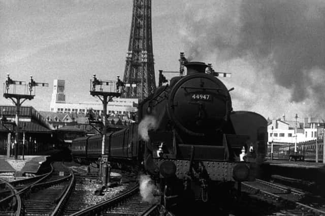 44947 leaving platform 3, Blackpool Central Station, Late 50's. (old Blackpool) / historical