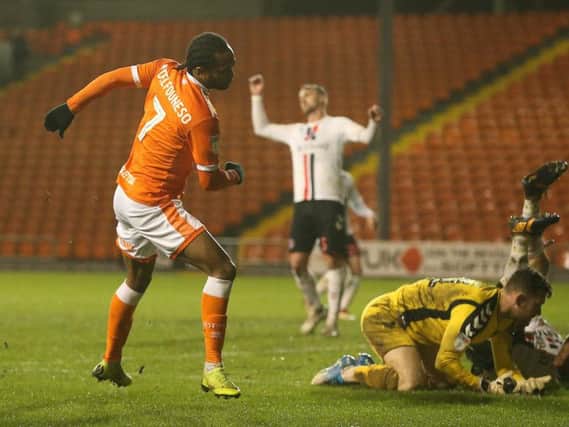 Nathan Delfouneso peels away after scoring Blackpool's winning goal against Charlton