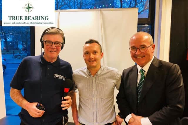 Songwriter Simon Cox with Radio Lancashire presenter John Gillmore and George Critchley, chairman of True Bearing, after being voted the winner of the Last Choir Singing songwriting contest