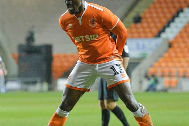Joe Dodoo celebrates scoring Blackpool's second