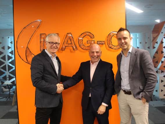 Blackpool-based SkyParkSecure has been bought by MAG. Left to right, Andrew Harrison, CEO Airport Services, MAG, Dean Pailing, Founder of SkyParkSecure and Nolan Hough, Managing Director, MAG-O