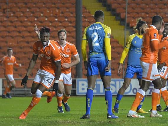 Armand Gnanduillet celebrates after handing Blackpool the lead