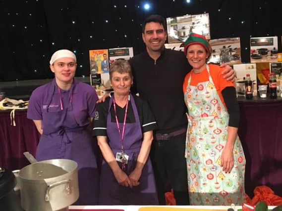 (from left) Project Search student Jade Murray and Yvonne Griffin (the cook from Grange Park Childrens Centre), with chef and TV presenter Chris Bavin and Annette Algie from Blackpool Better Start.