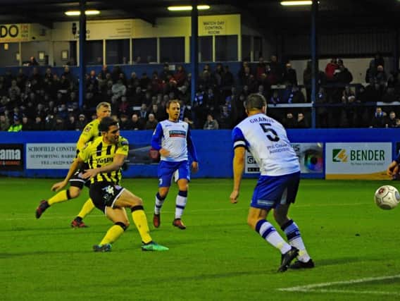 Andy Bond opens the scoring for Fylde Picture: STEVE MCLELLAN