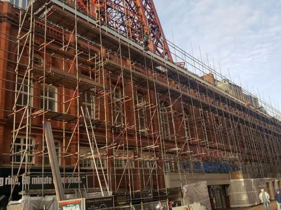The scaffolding on the Bank Hey Street side of Blackpool Tower