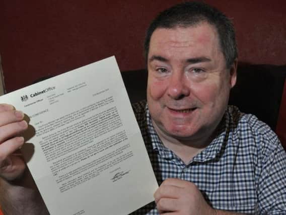 Jon Bamborough from Blackpool, is delighted to receive an MBE in the New Years Honours List 2019, in recognition of his work with the homeless, pictured with a letter from the Cabinet Office