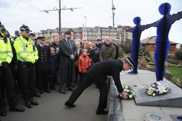 A memorial service was held at the Jubilee Gardens statues near Gynn Square to mark the anniversary of three police officers' drowning while attempting a sea rescue.
Assistant Chief Constable Terry Wood lays a wreath.  PIC BY ROB LOCK
5-1-2019