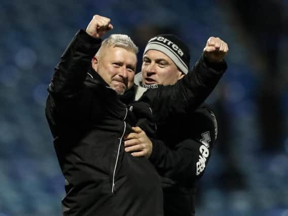 Blackpool's manager Terry McPhillips celebrates at full time with assistant manager Gary Brabin