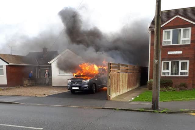 This is the moment a car burst into flames in Sevenoaks Drive, Anchorsholme on Sunday, January 13. Pic-Bob Denby.