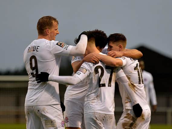 AFC Fylde celebrate NIck Haughton's first goal for the club Picture: STEVE MCLELLAN