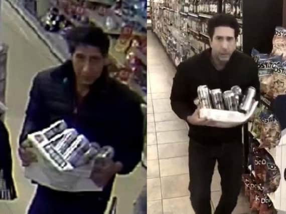 The wanted man (left) is said to look like Friends actor David Schwimmer, who parodied the CCTV image (right)
