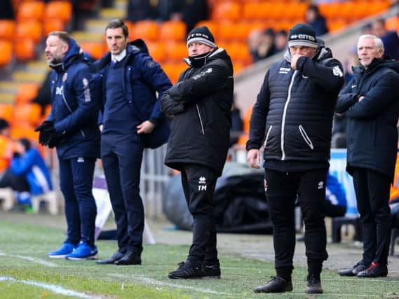 Blackpool's manager Terry McPhillips watches on from the touchline