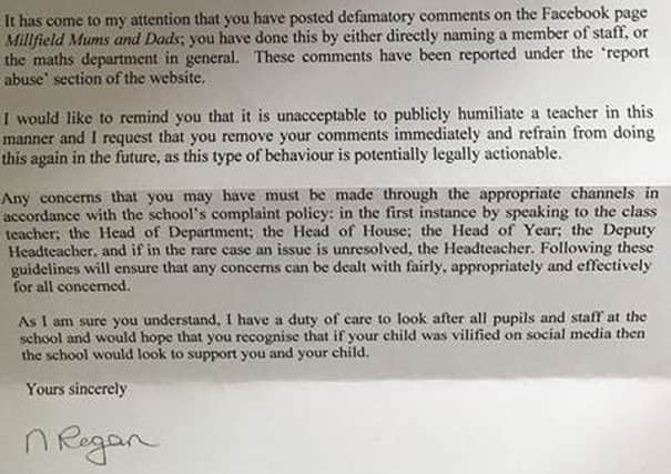 The letter sent to 17 people by Millfield headteacher Nicola Regan