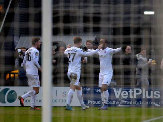 Ash Hemmings celebrates his first goal for the Coasters Picture: STEVE MCLELLAN