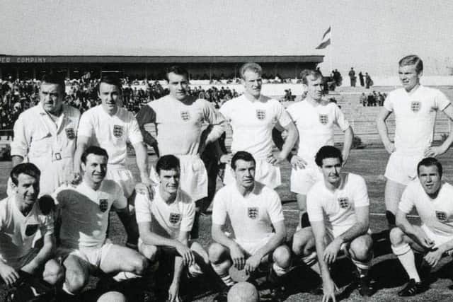 The team which faced Brazil with Jimmy Armfield  (bottom row second left) Jimmy greaves (back row) second from left) and a young Bobby Moore (back row extreme right) and Bobby Charlton (back row second from right) / 1962 World Cup / England team