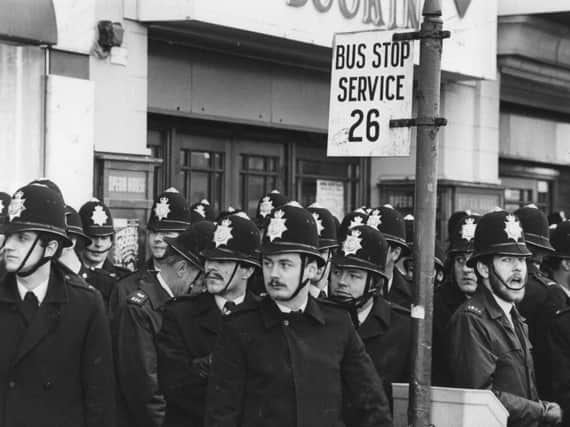 Policemen outside the Conservative party conference in Blackpool, when there were protests about employment, October 23, 1981